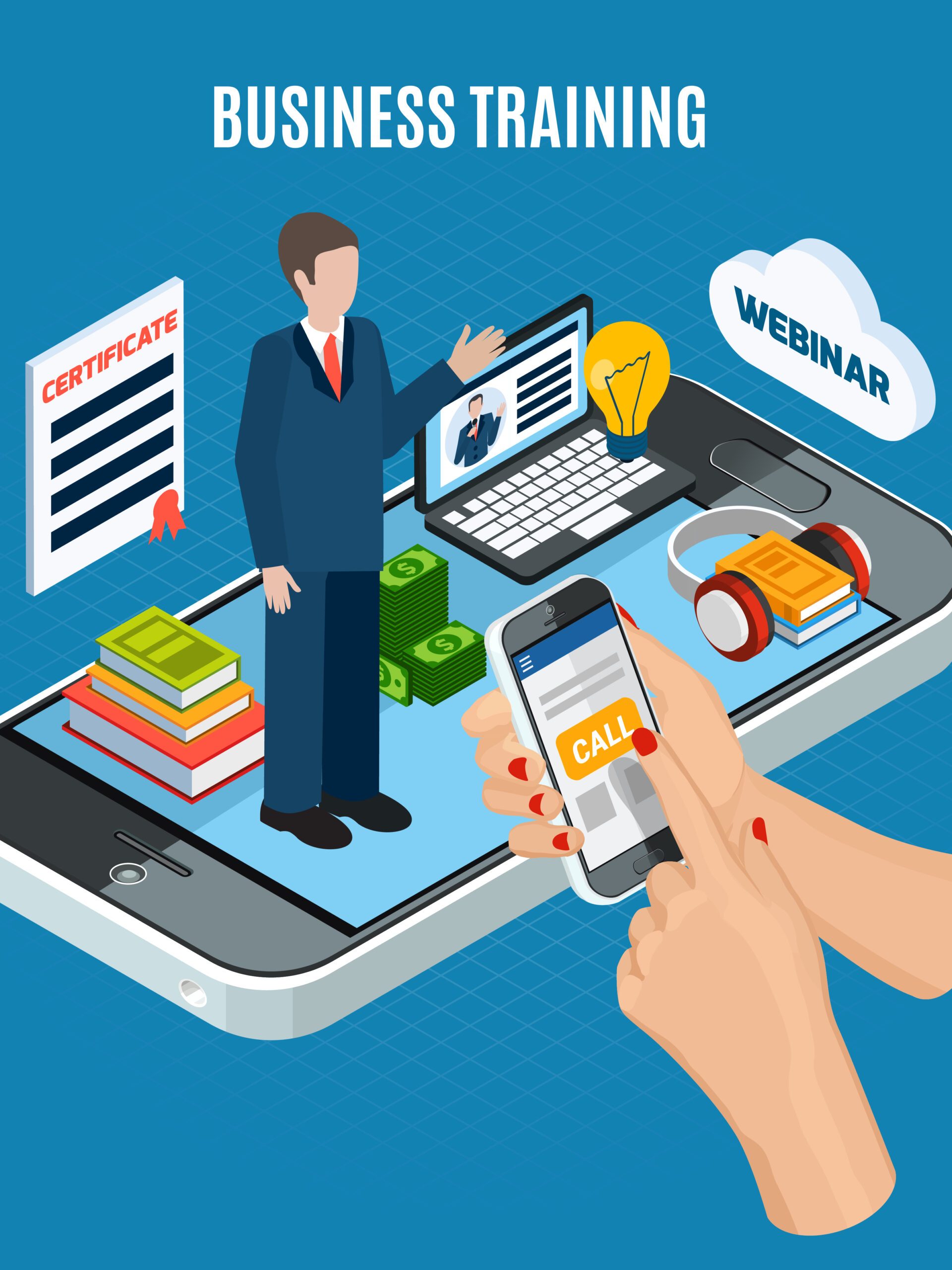 Isometric colored webinar concept with use smartphone for business training schematic composition vector illustration
